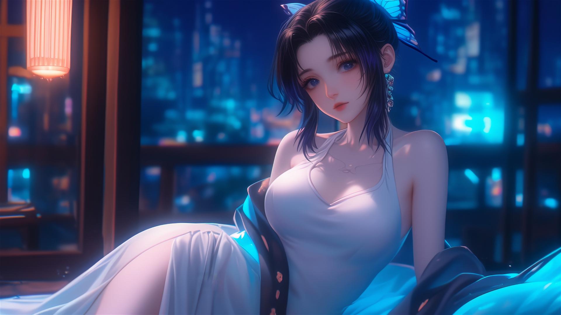 Shinobu Kocho from Demon Slayer relaxing in a neon-lit modern hotel room