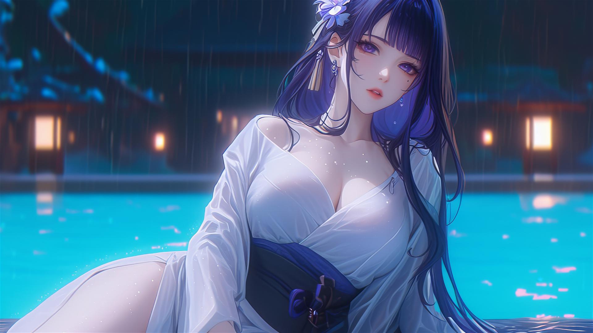 Raiden Shogun resting by a moonlit rainy pool, purple hair, white pajamas.