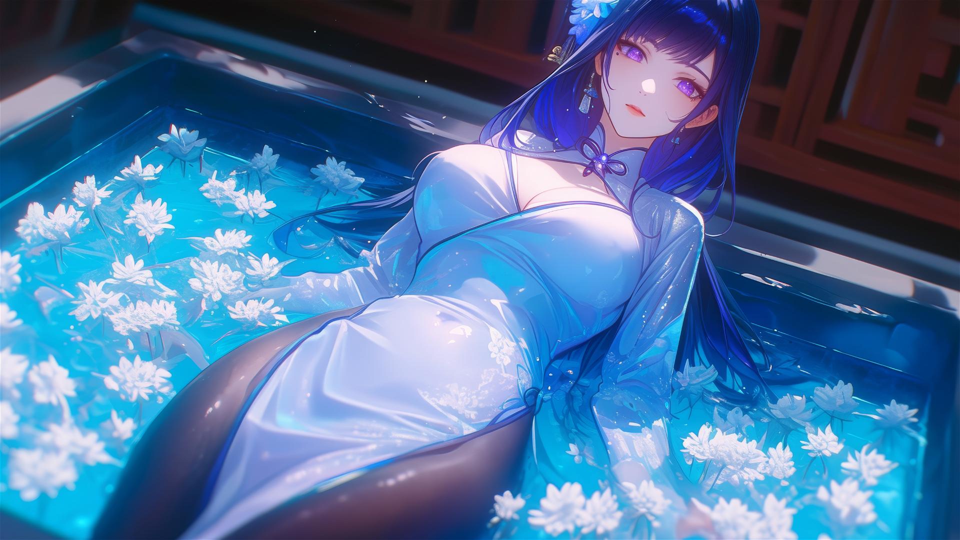 Raiden Shogun from Genshin Impact in tub with flowers, Chinese spa.