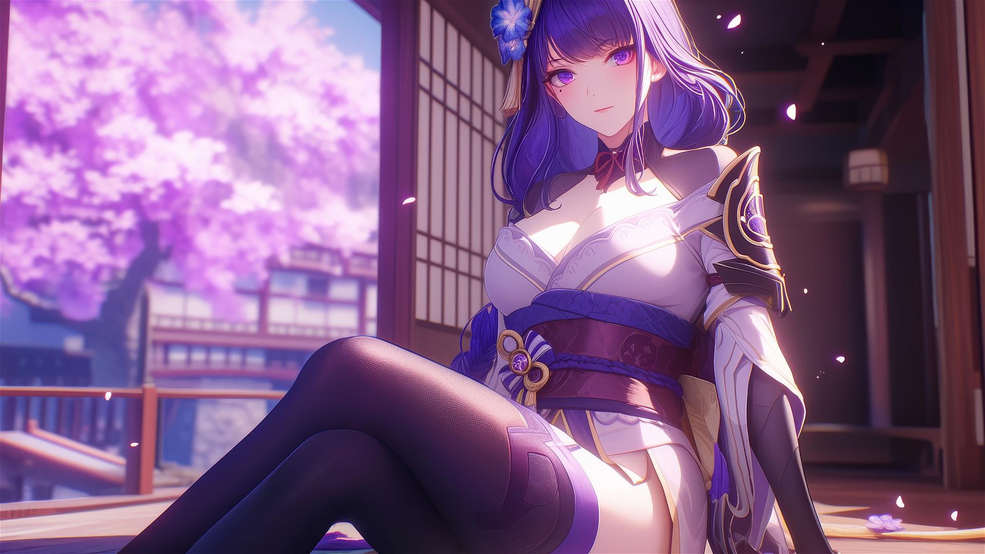 Raiden Shogun Genshin Impact resting under moonlight at modern hotel