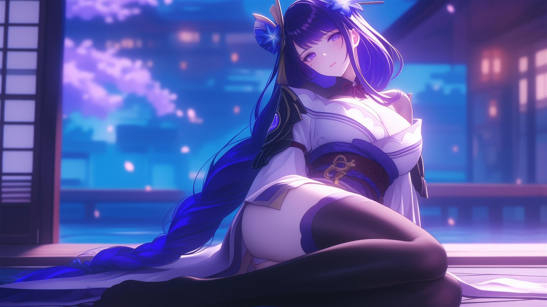 Raiden Shogun from Genshin Impact resting at a modern hotel with moonlight, purple long hair, purple eyes, flower on head.