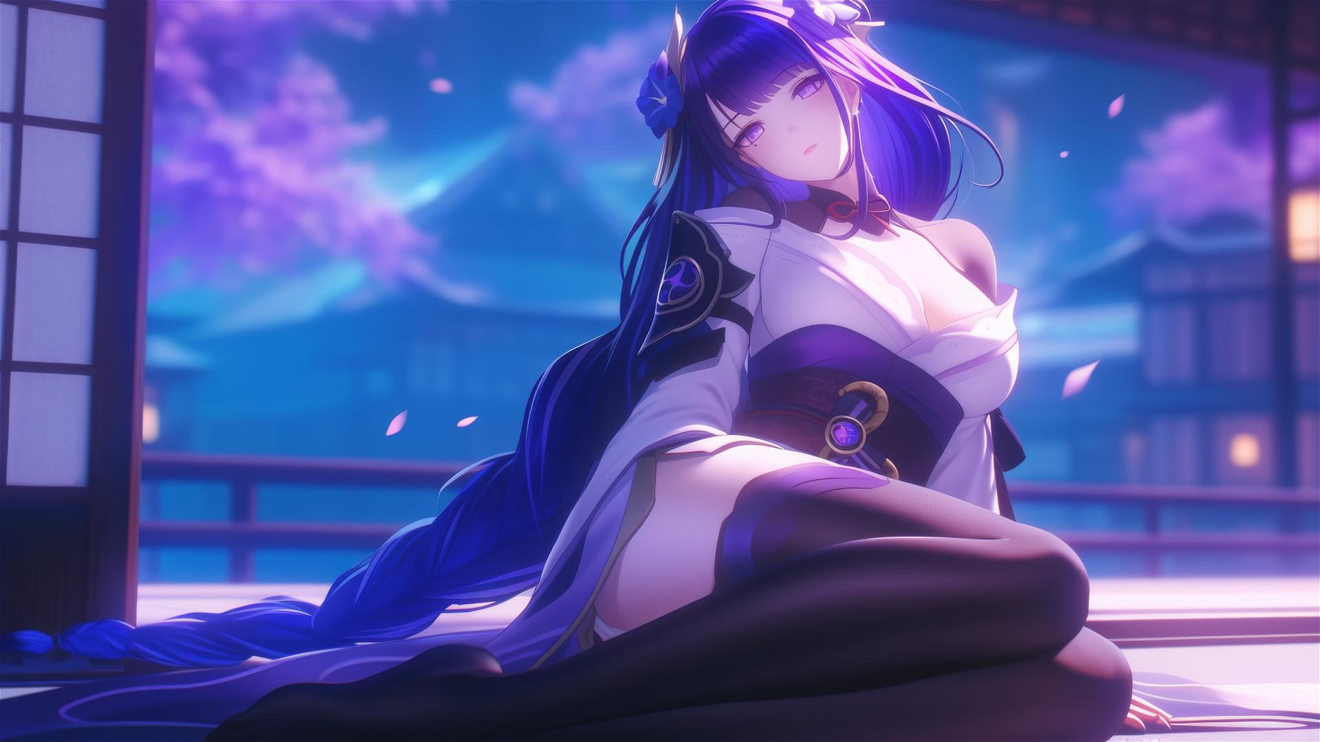 Raiden Shogun from Genshin Impact resting at a modern hotel in moonlight