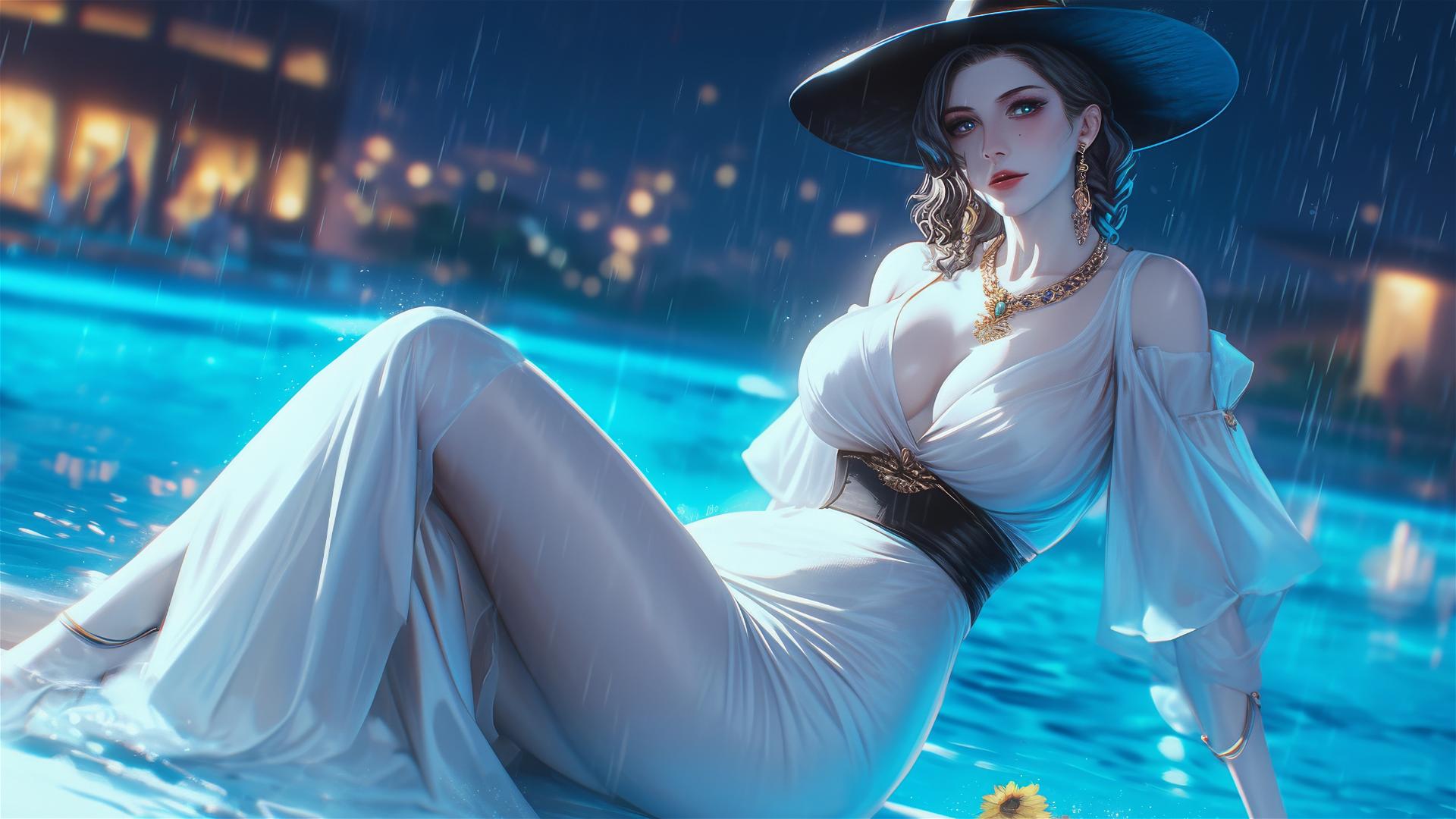 Lady Dimitrescu resting by a rainy pool under moonlight