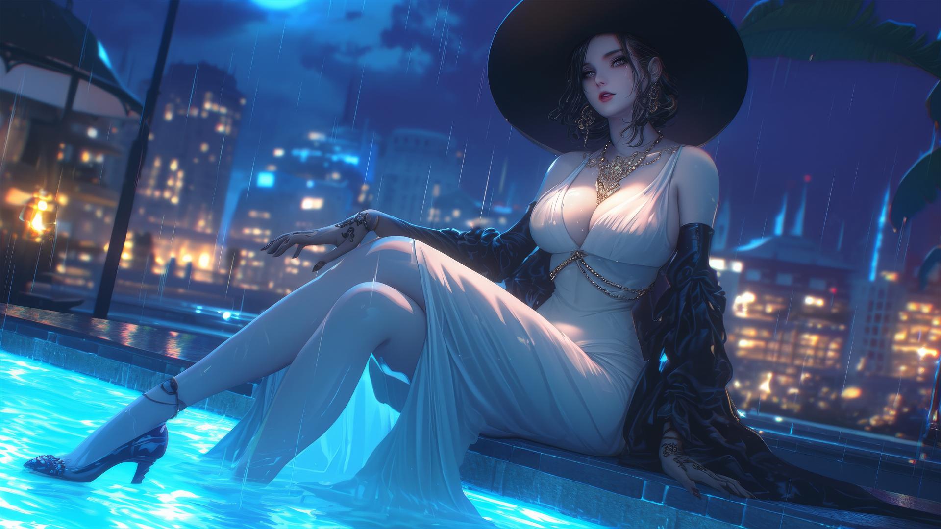 Lady Dimitrescu from Resident Evil resting by a rainy swimming pool in moonlight.