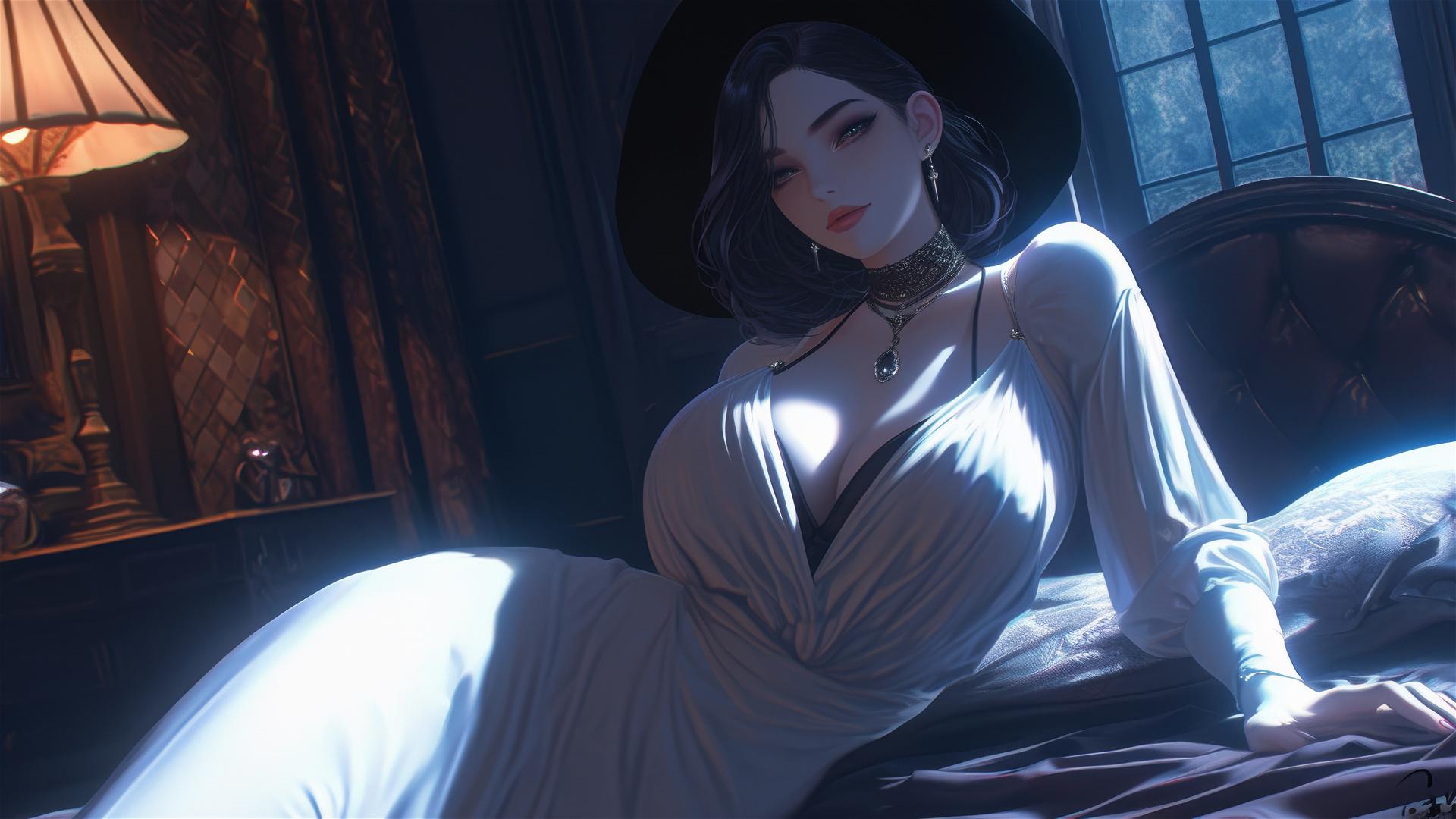 Lady Dimitrescu resting on modern hotel bed with moonlight glow