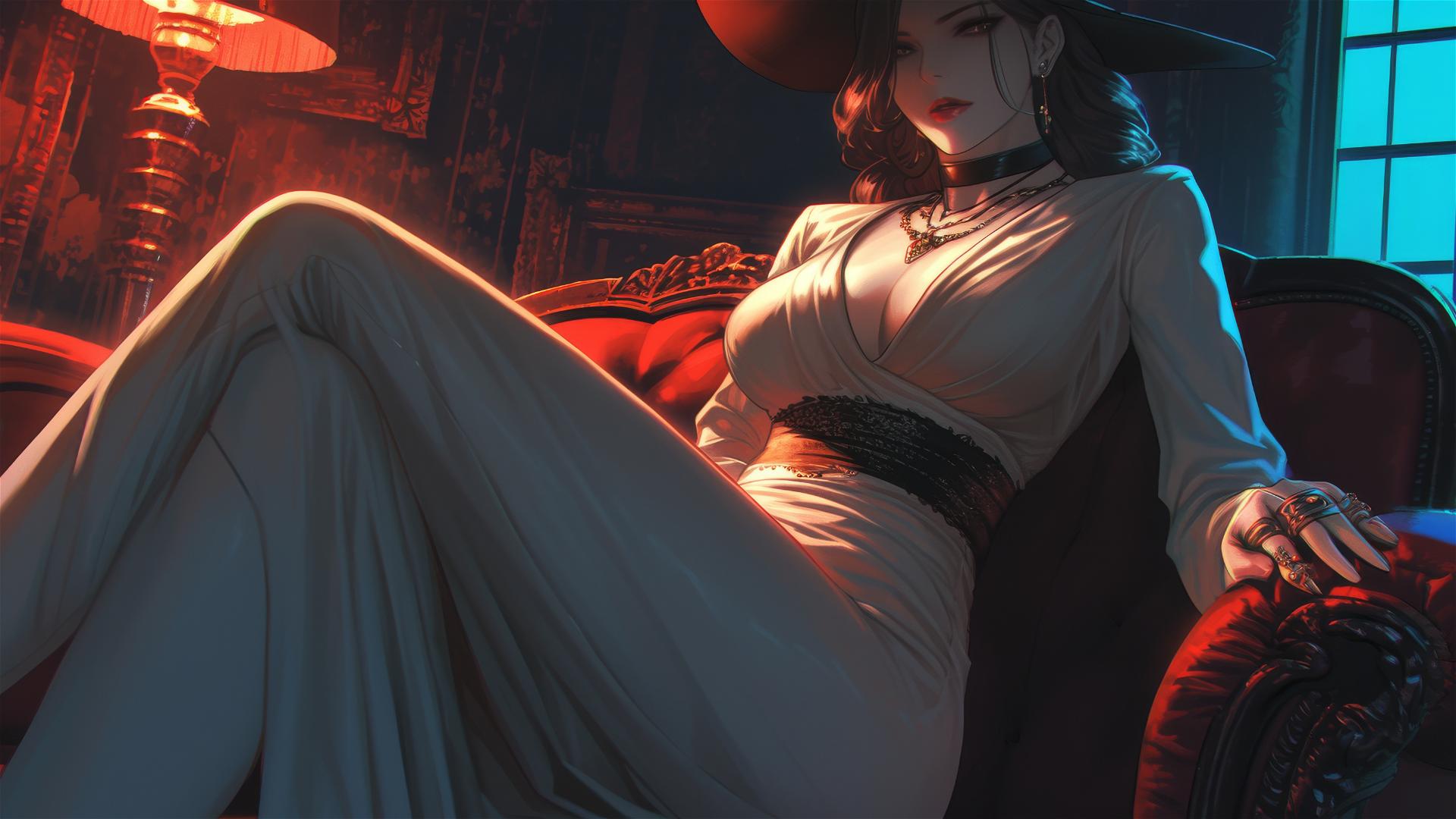 Lady Dimitrescu resting under red moonlight, gothic and elegant.