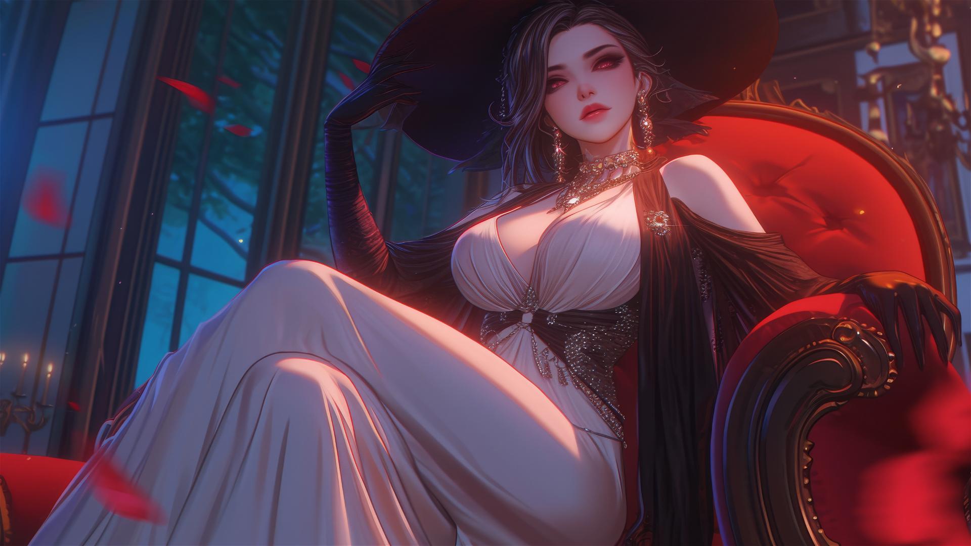 Lady Dimitrescu resting under red moonlight, gothic elegance