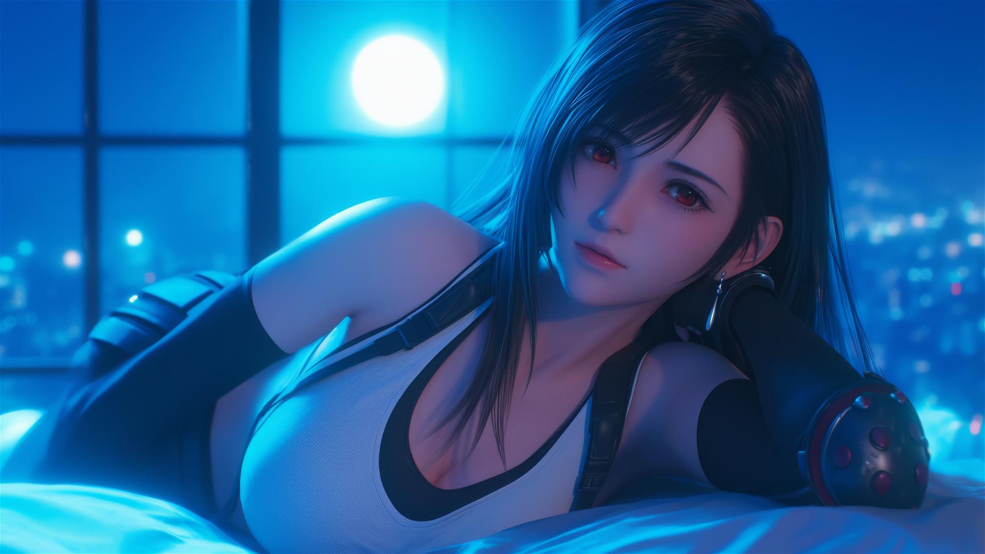 Tifa Lockhart resting in her room with moonlight glow