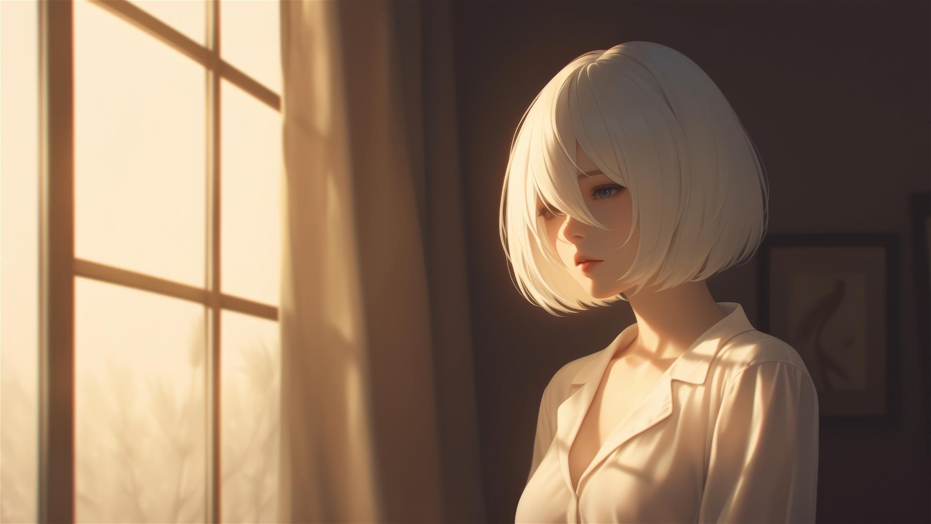 2B from Nier in white silk pajamas by a sunrise-lit window