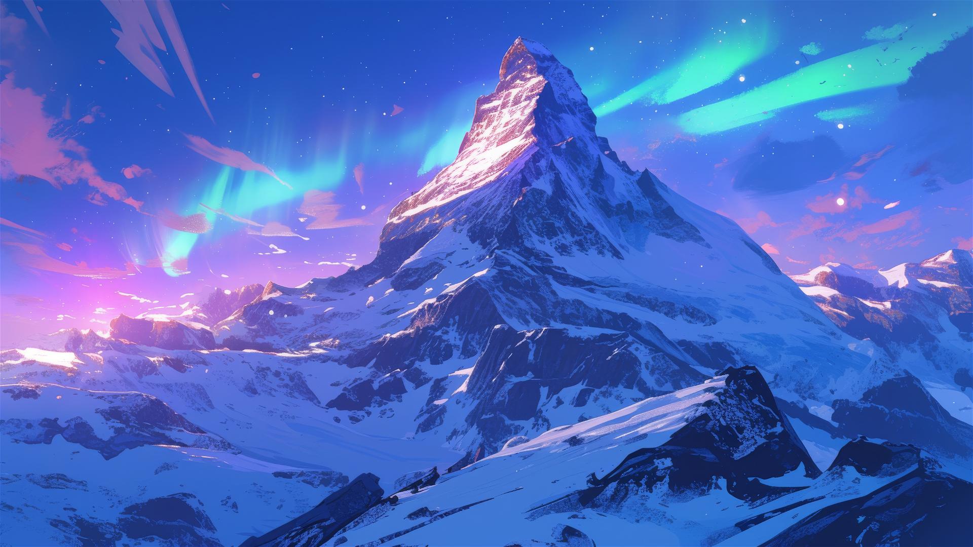 Pristine snowy mountain peak with aurora borealis