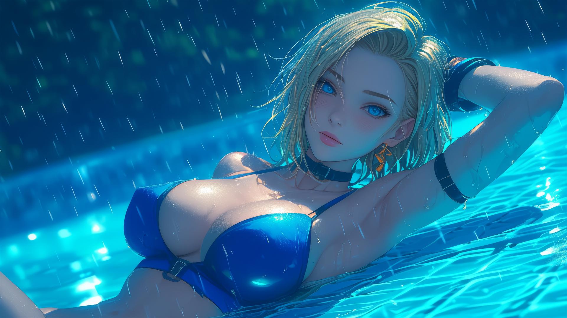Android 18 resting by a rainy swimming pool under moonlight