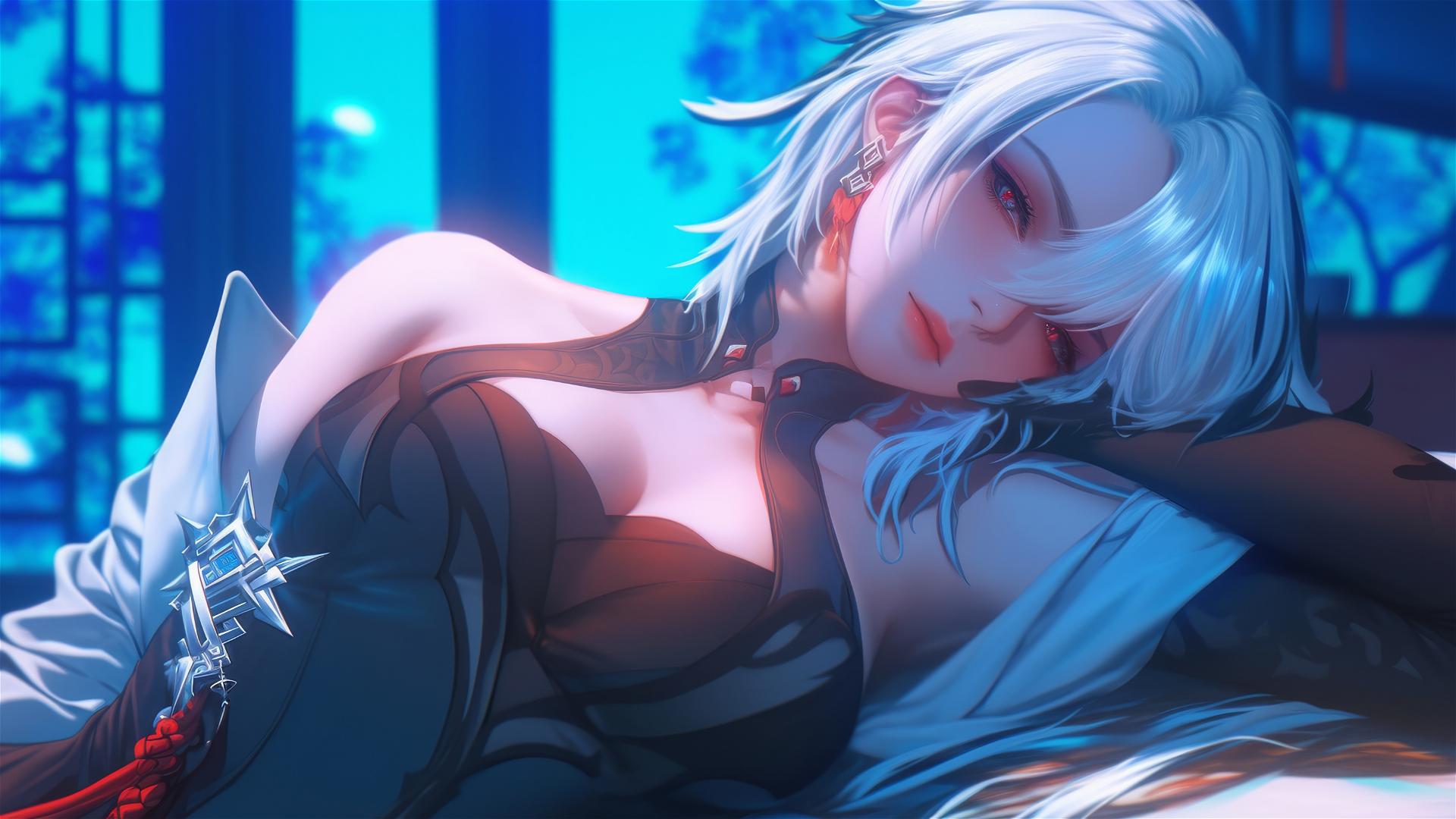 Arlecchino from Genshin Impact with snow white hair, black streaks, resting in a modern hotel room with moonlight glow.