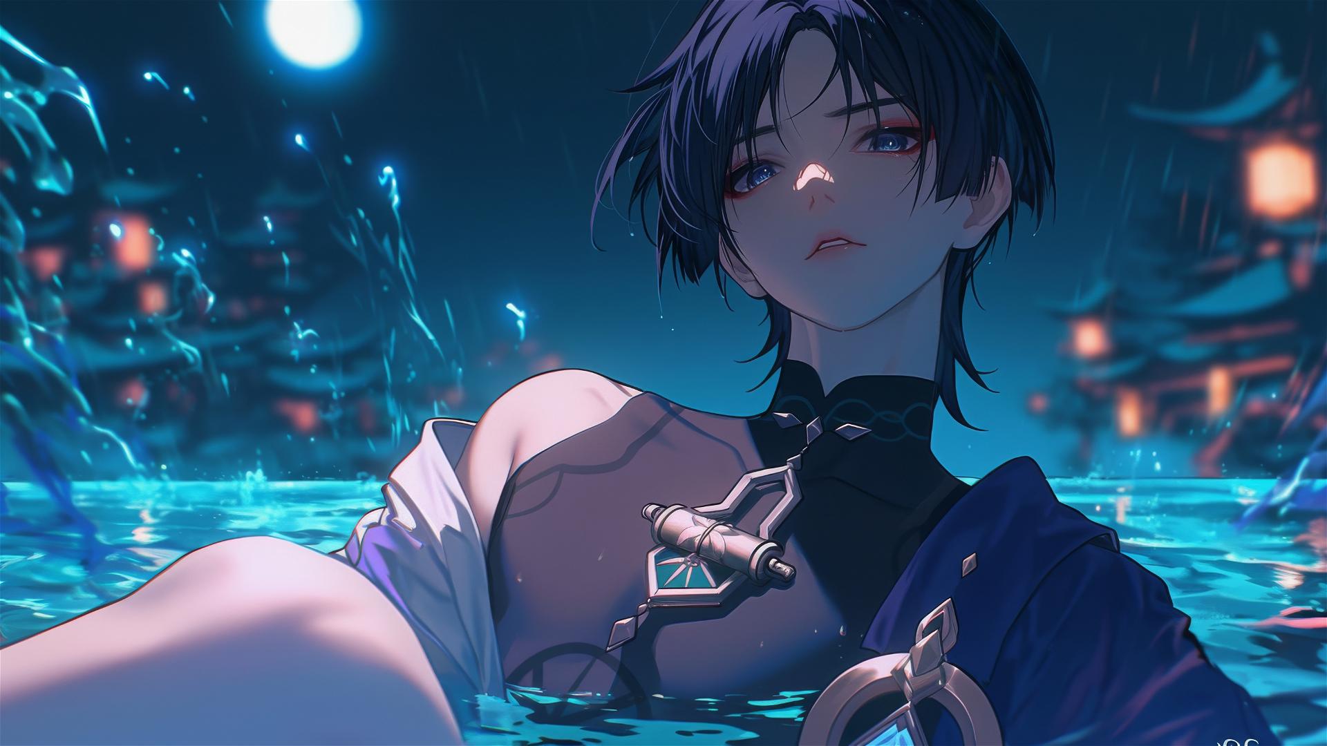 Scaramouche from Genshin Impact with indigo hair and eyes resting in a rainy swimming pool at night.