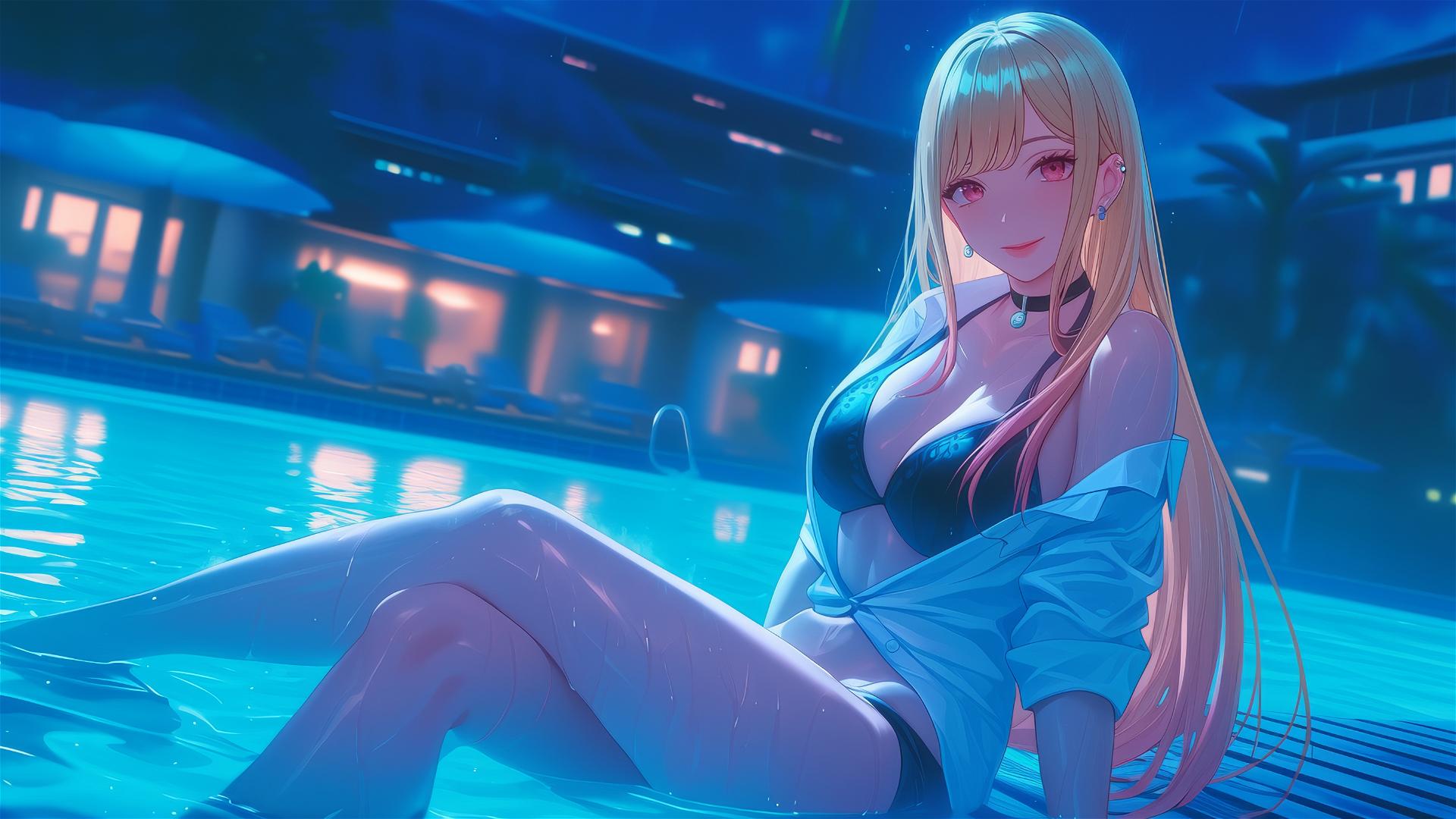 Marin Kitagawa sitting by a rainy swimming pool under moonlight, blonde hair tipped with pinkish-red, pinkish eyes.