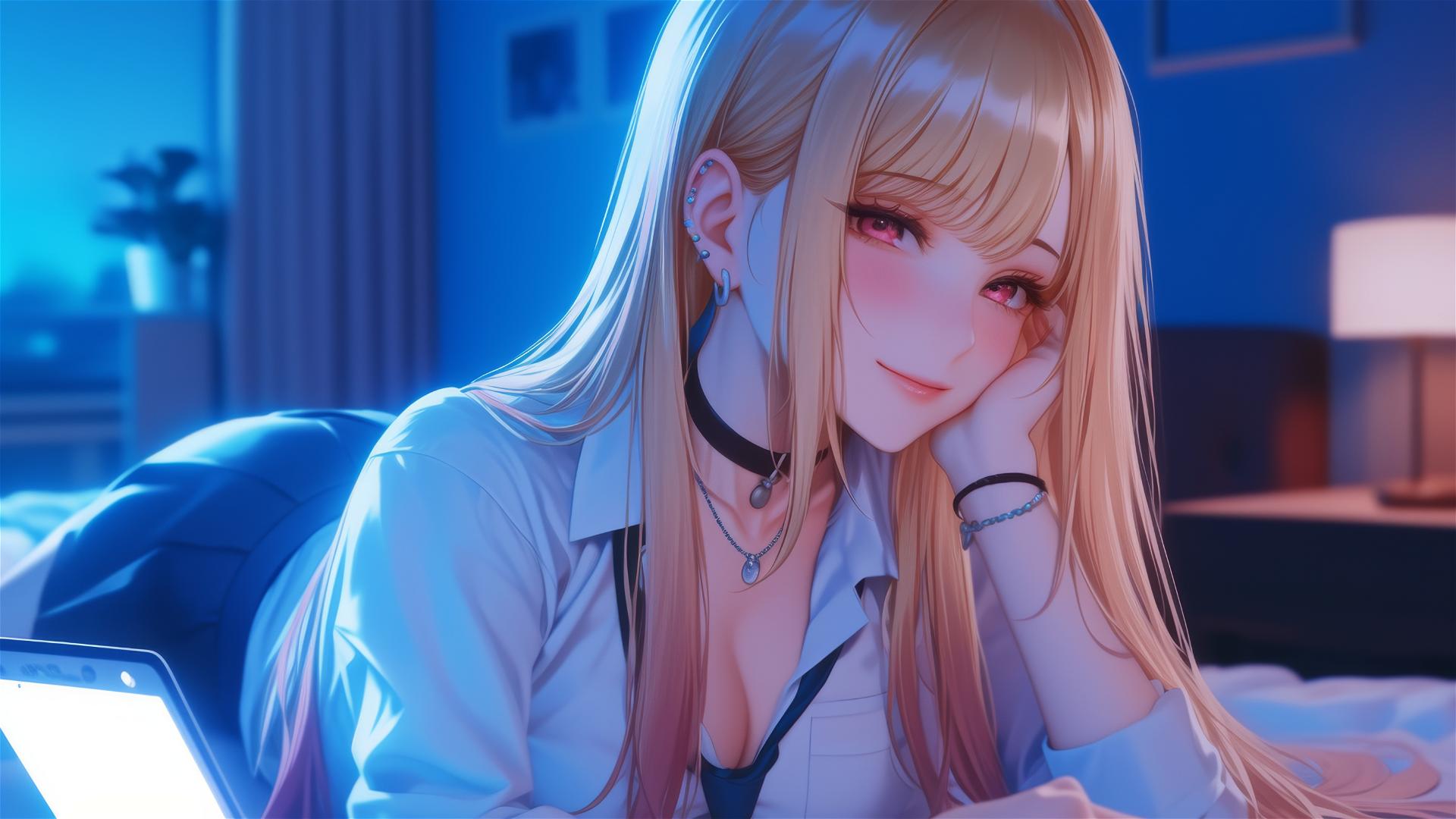 Marin Kitagawa sitting on a hotel bed with moonlight shining on her