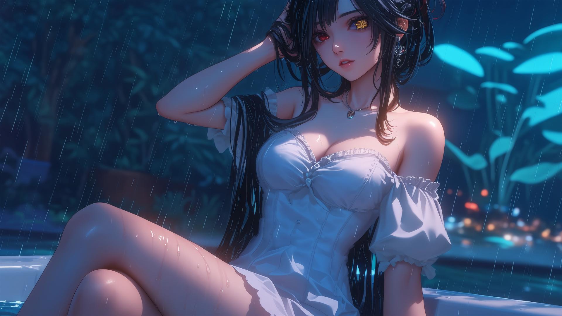 Kurumi Tokisaki in a white dress sitting in a tub with moonlight and rain.
