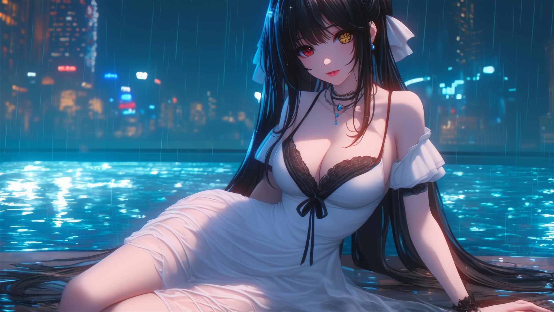 Kurumi Tokisaki from Date A Live resting in a tub with moonlight and rain.