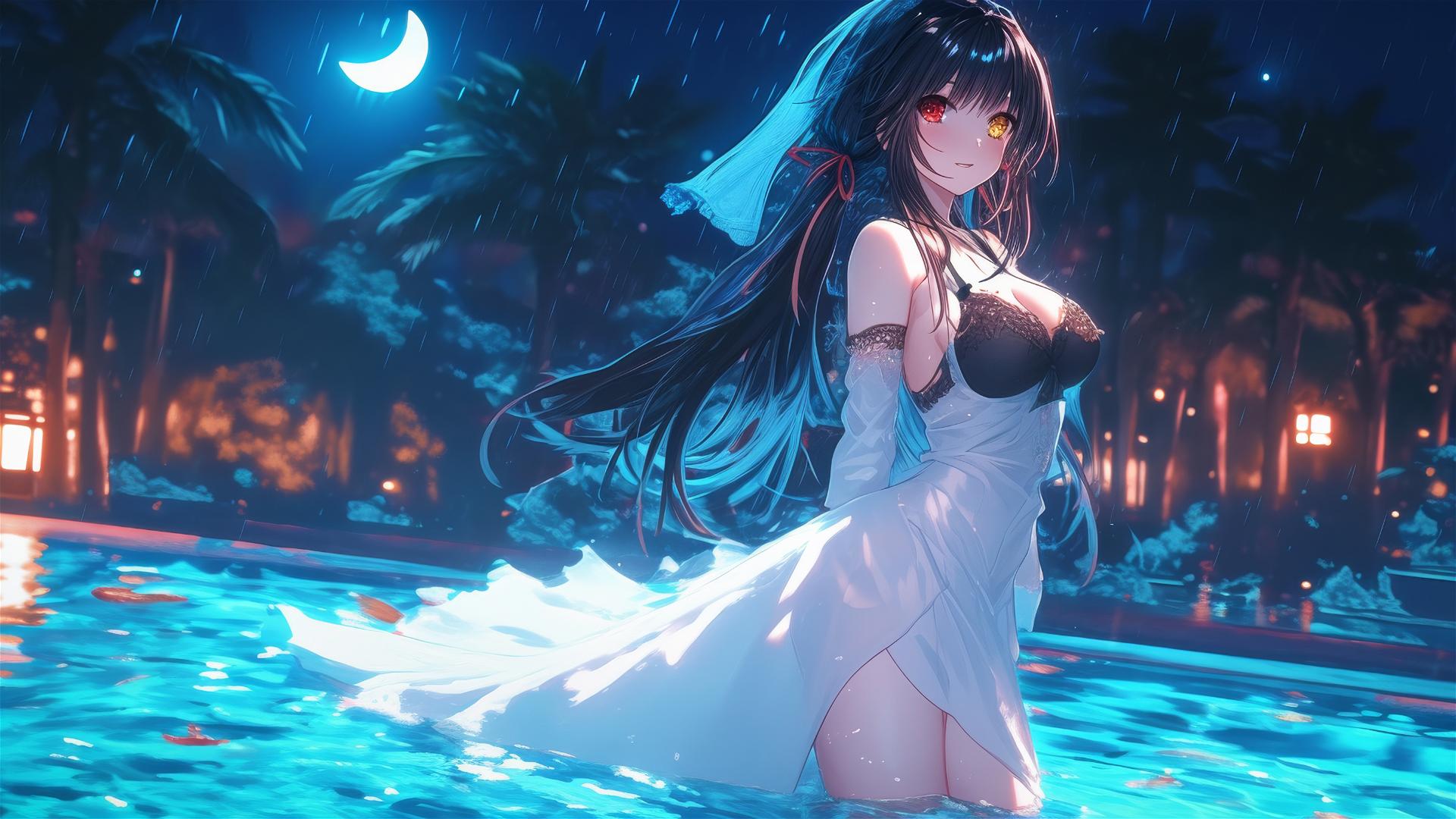 Kurumi Tokisaki stands in a rainy swimming pool with moonlight casting a glow, in pure white dress, one red eye and one yellow eye.