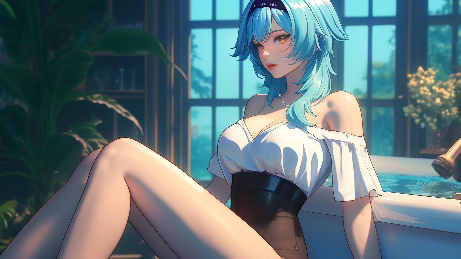Eula Lawrence from Genshin Impact resting in a tub under moonlight