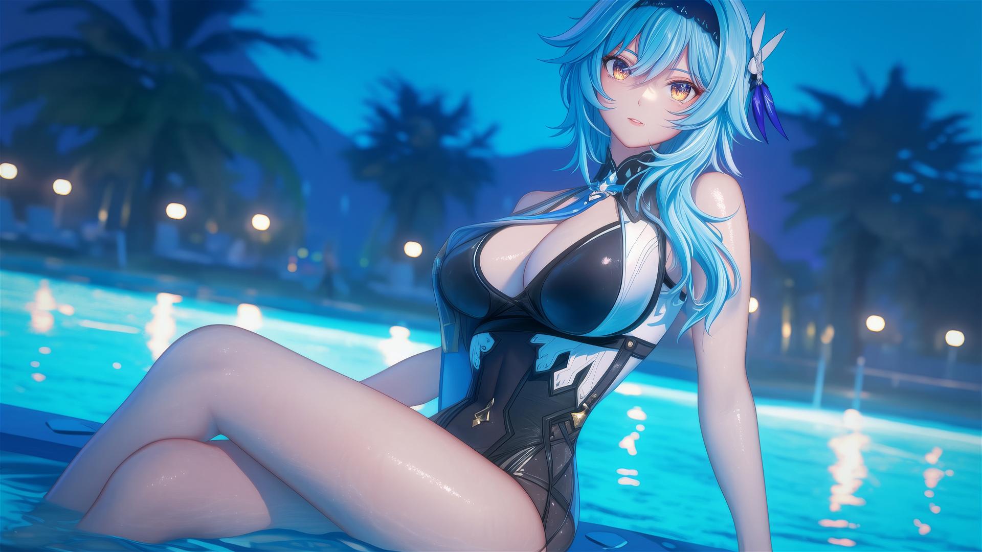 Eula Lawrence from Genshin Impact resting by a pool under moonlight.