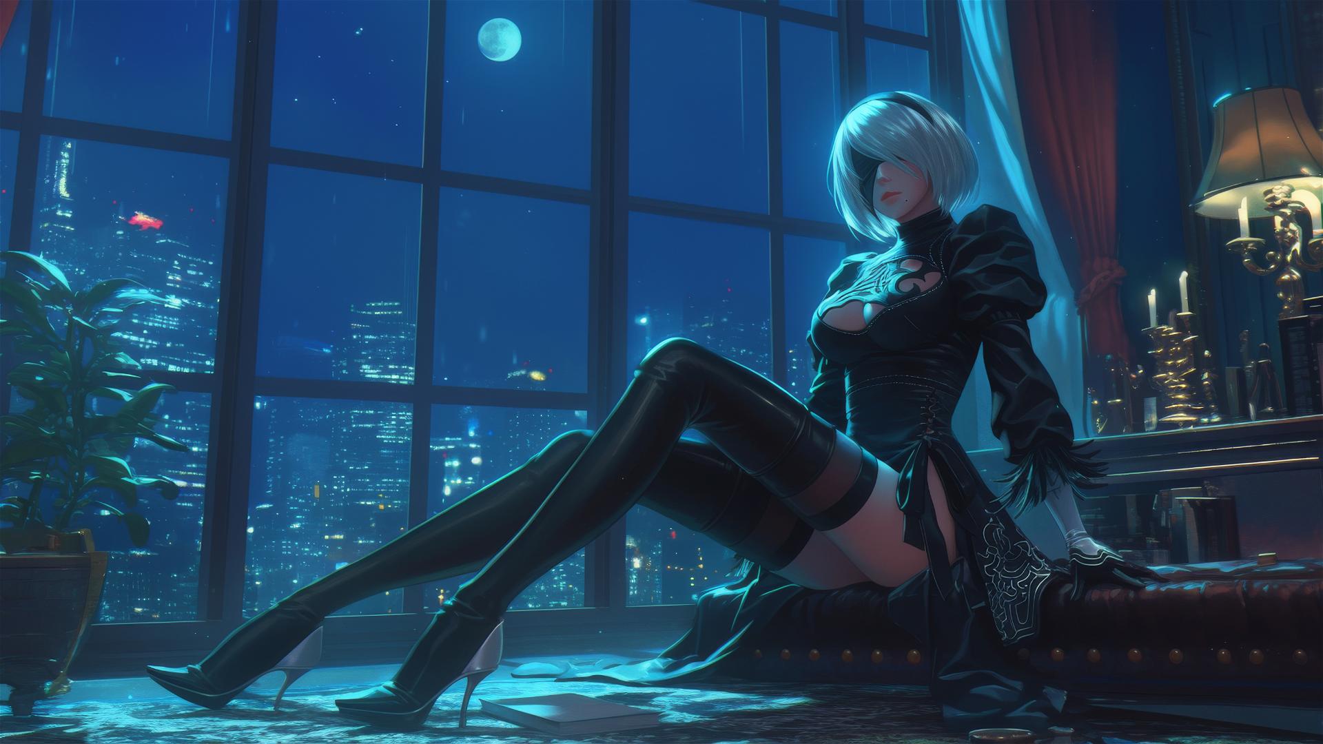 2B from Nier sitting in a modern hotel room with moonlight glow