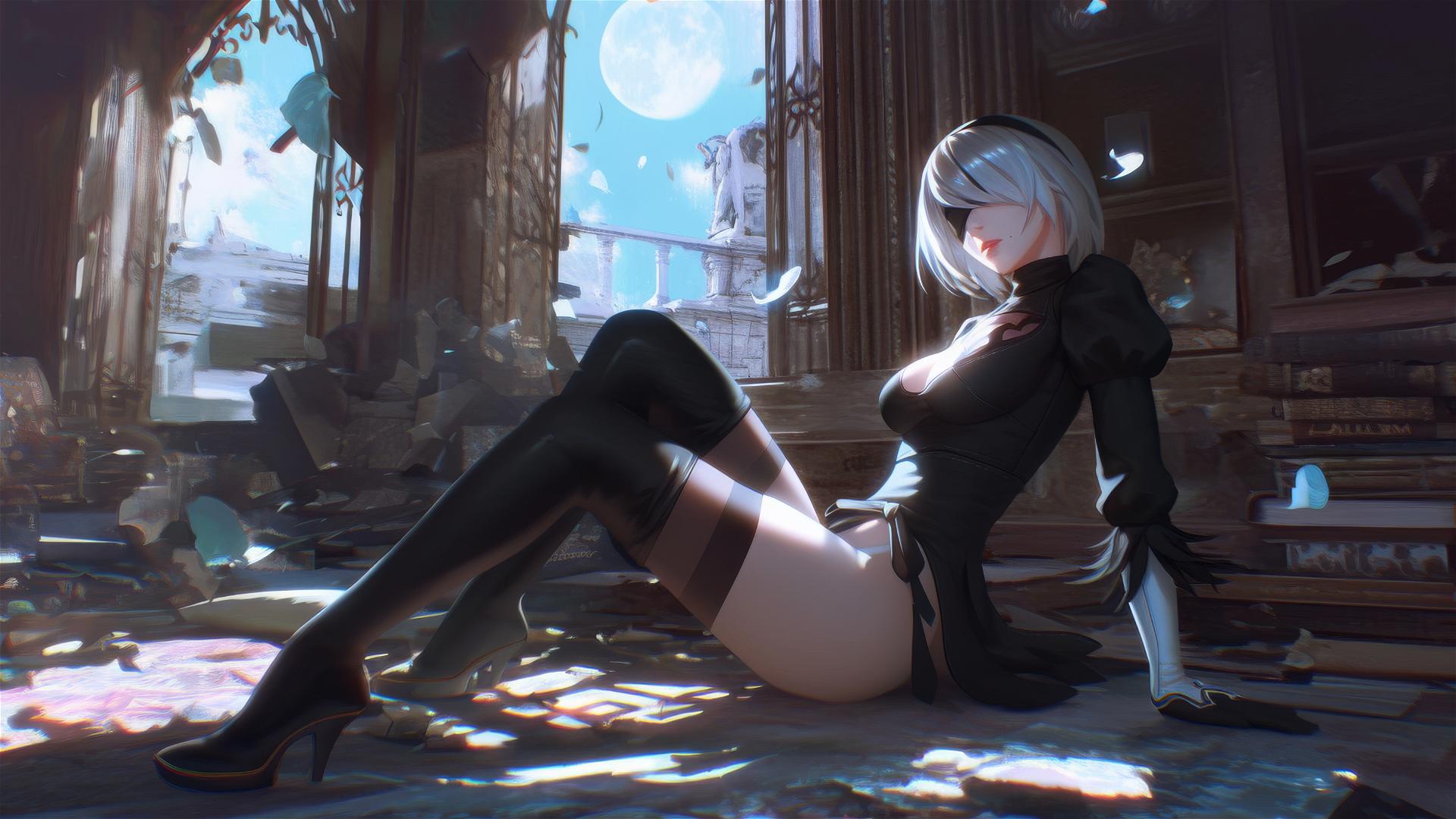 2B from Nier in a modern hotel room with moonlight casting a soft glow on her figure