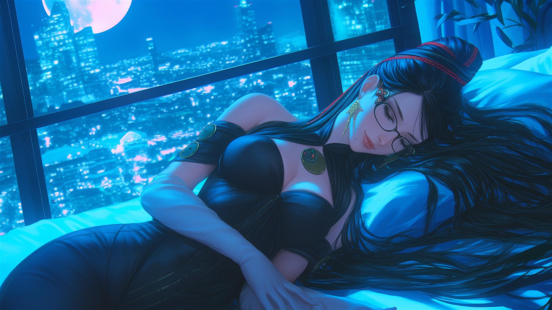 Bayonetta resting in a moonlit modern hotel room