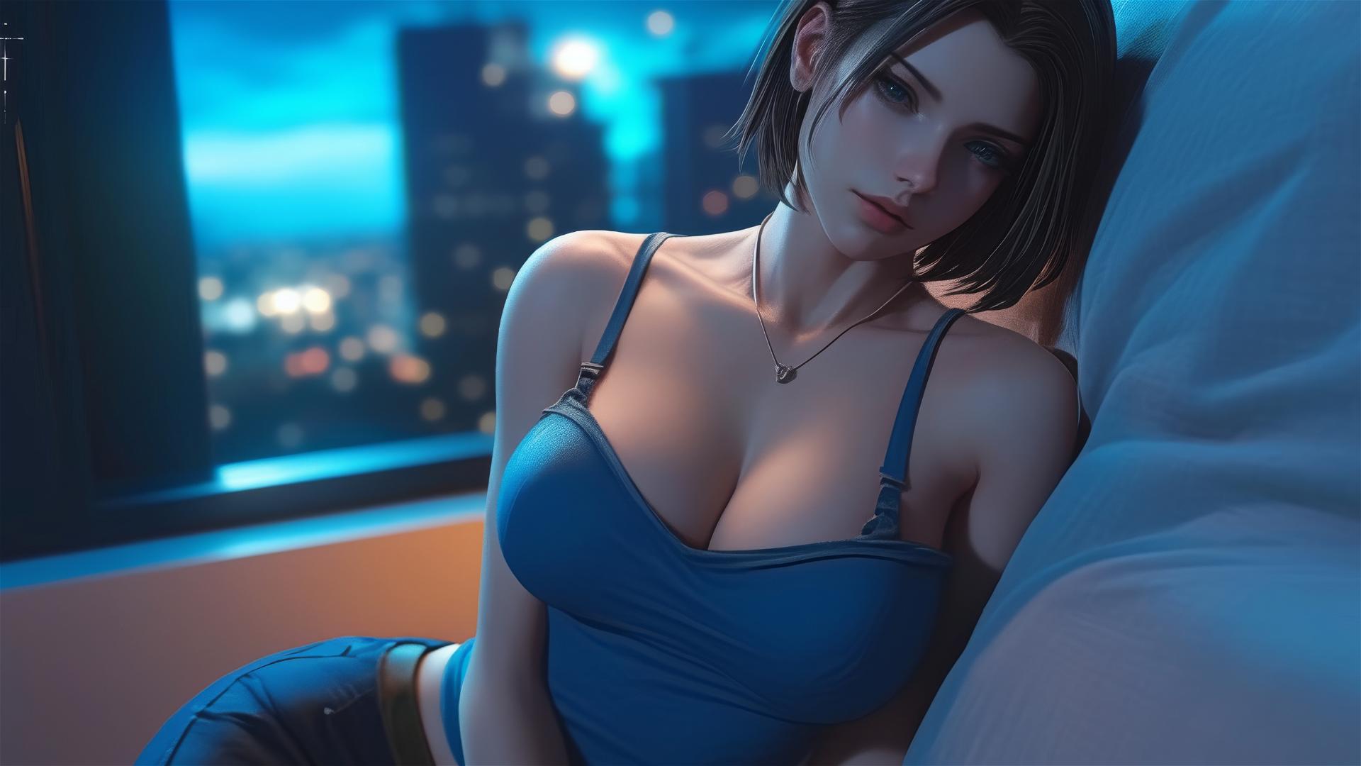 Jill Valentine resting in a modern hotel room with moonlight glow