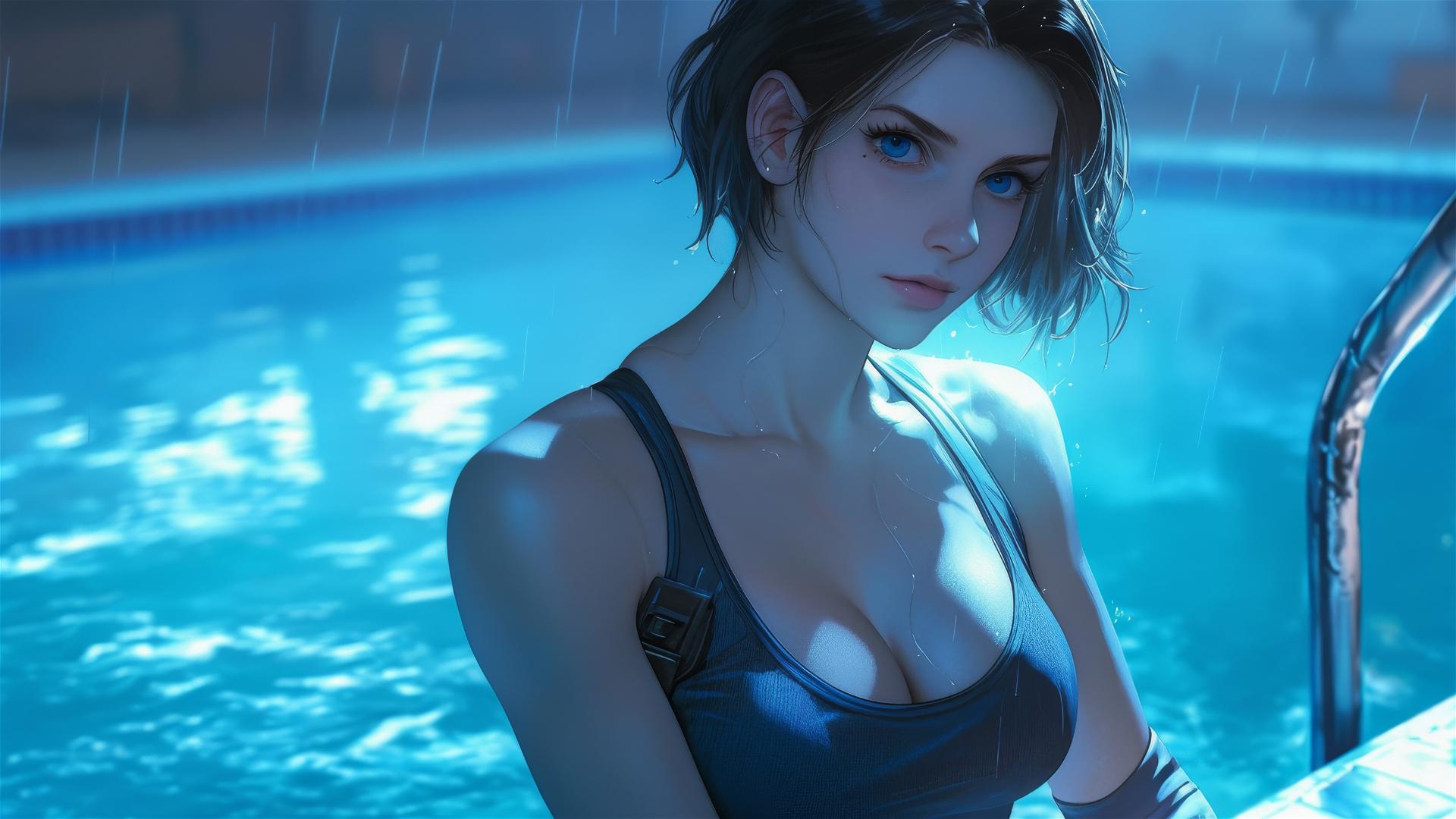 Jill Valentine in rainy swimming pool with moonlight glow