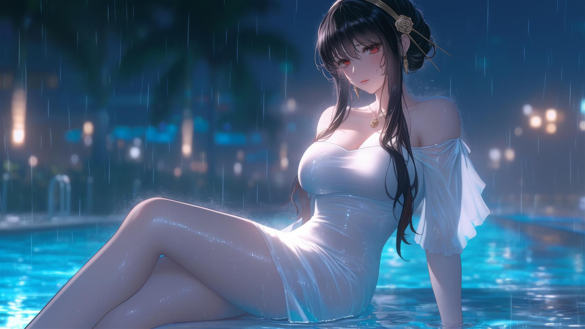 Yor Forger in a white dress resting by a rainy swimming pool under moonlight