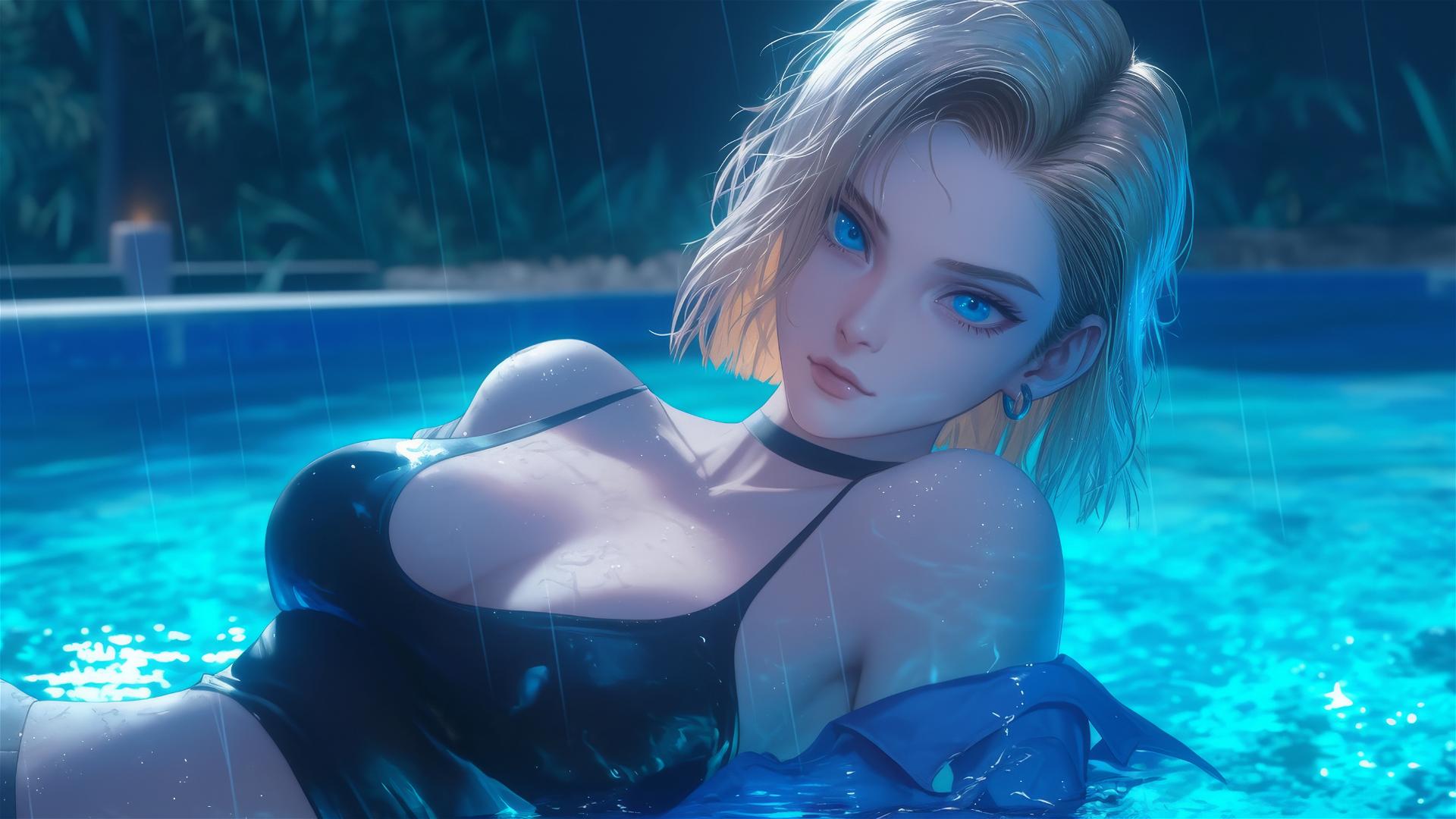 Android 18 from Dragon Ball resting by a rainy swimming pool under moonlight.