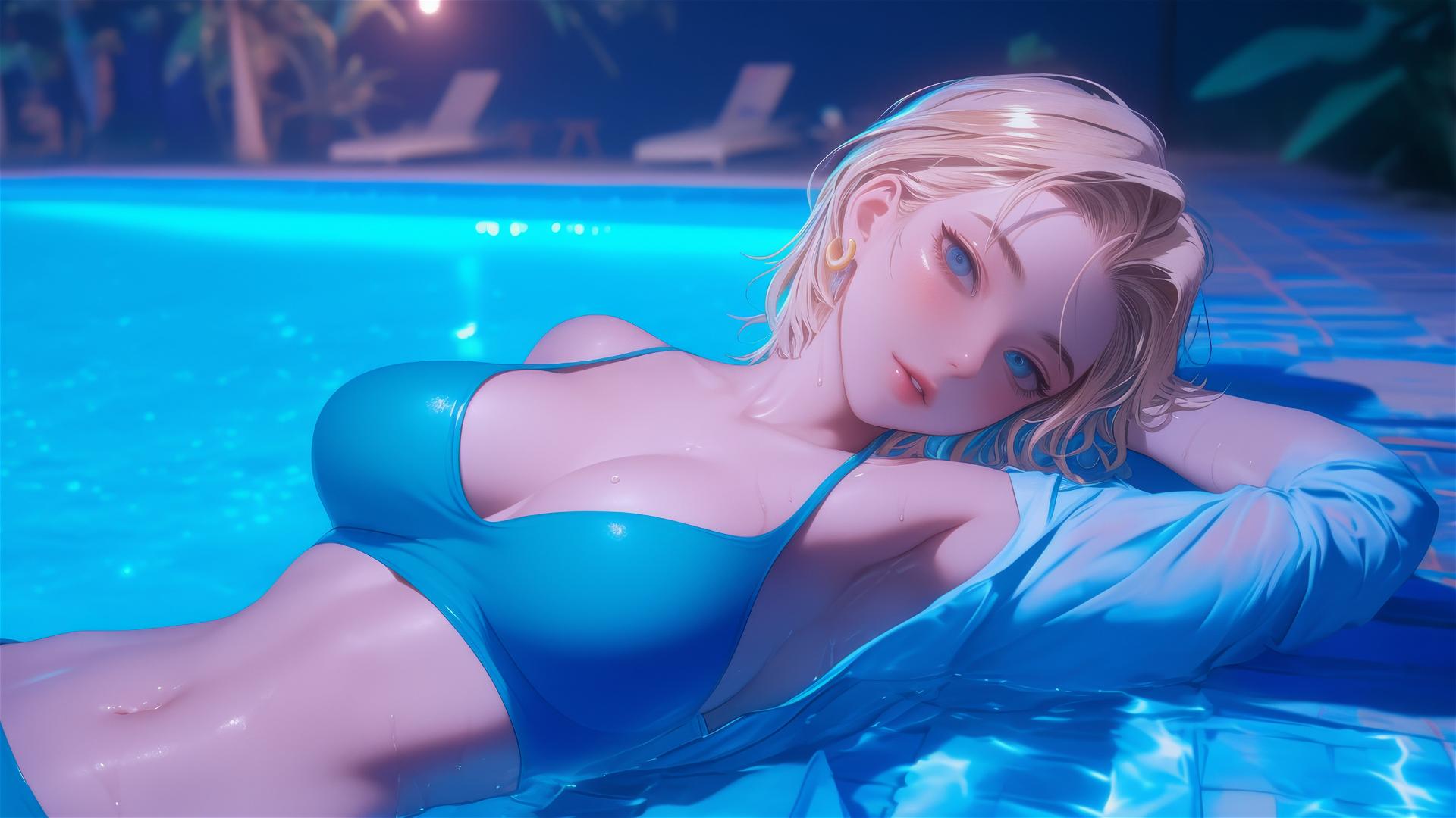 Dragon Ball Android 18 resting by a rainy swimming pool