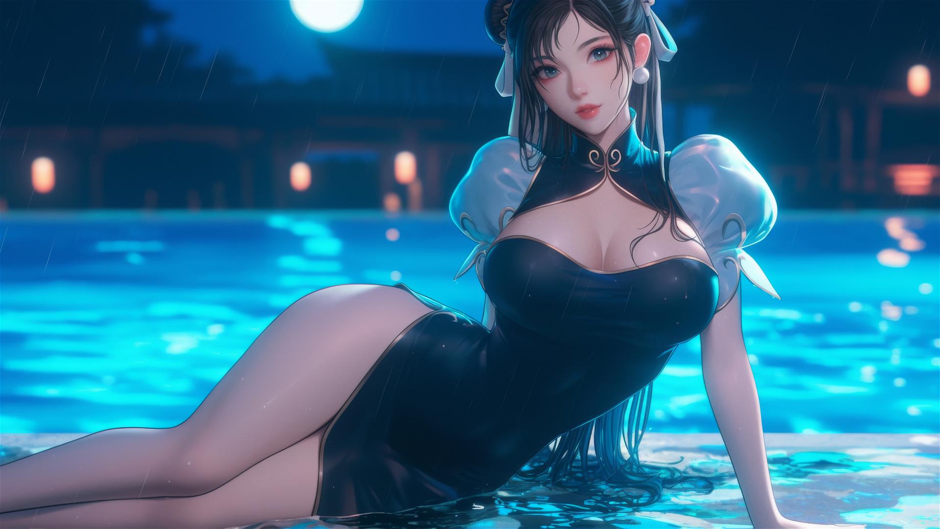 Chun Li in a pure black dress, resting at a rainy swimming pool with moonlight glow