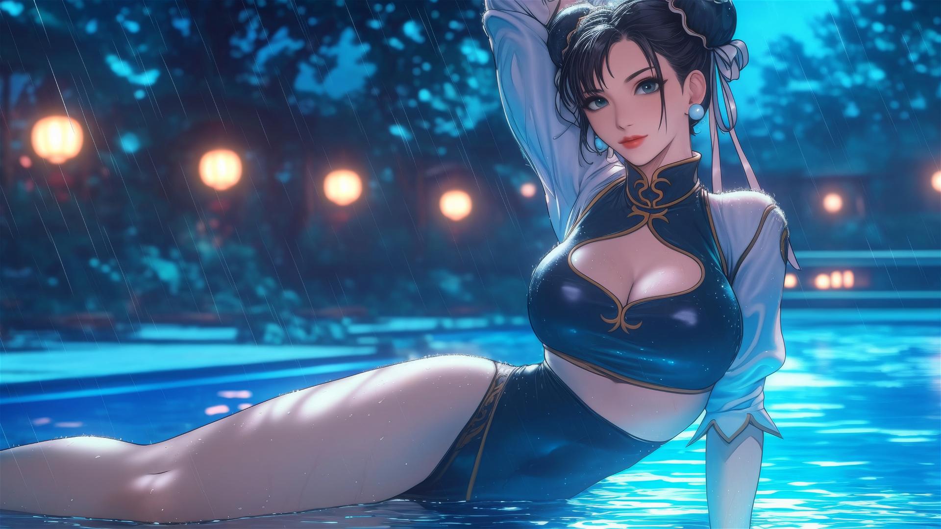 Chun Li resting at a rainy swimming pool with moonlight glow
