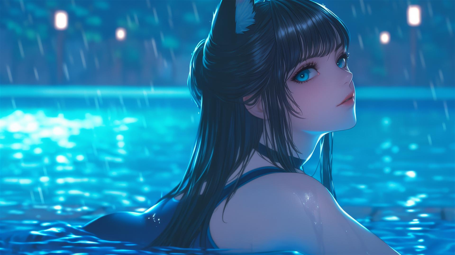 Super kawaii cat girl resting by a rainy swimming pool under moonlight.