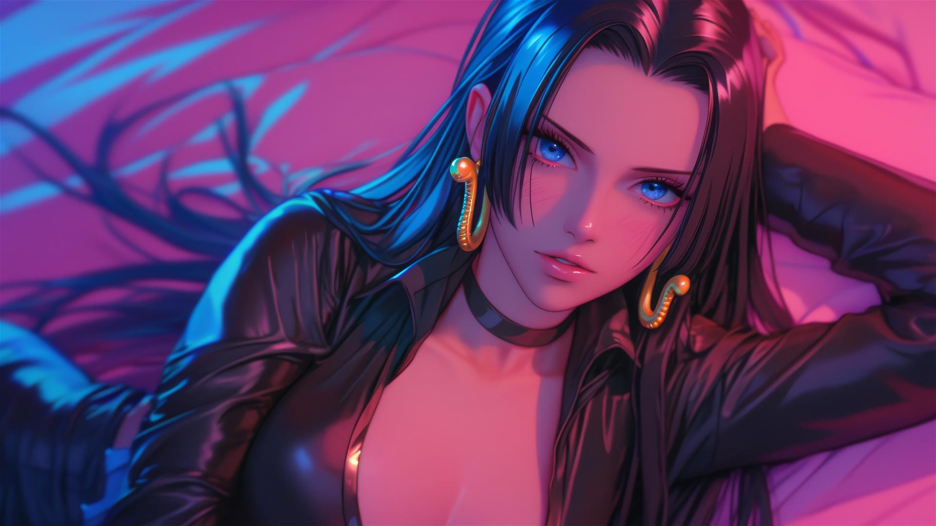 Boa Hancock from One Piece in bed, wearing black and pink leather with gold earrings, neon colors, pink background.