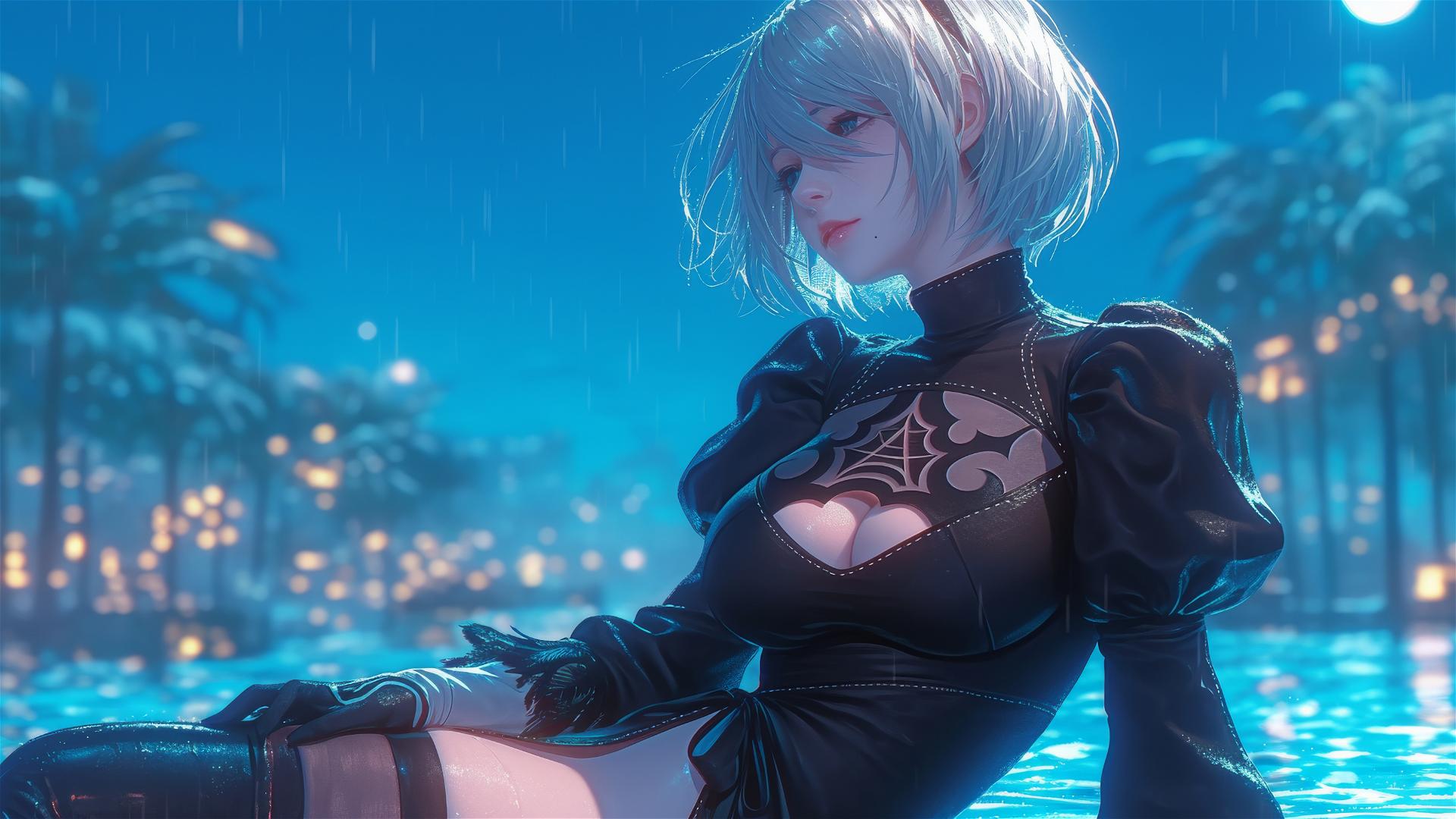 2B from Nier in casual attire relaxing by a moonlit, rainy pool