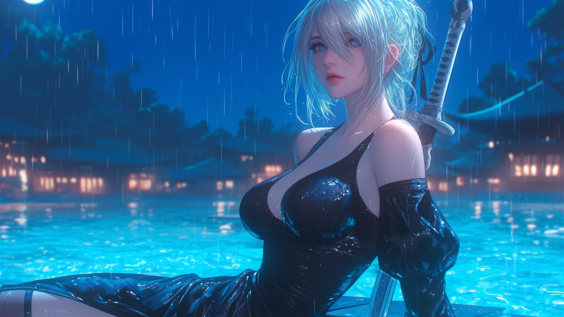 2B from Nier in casual attire, sitting by a rainy pool with moonlight glow