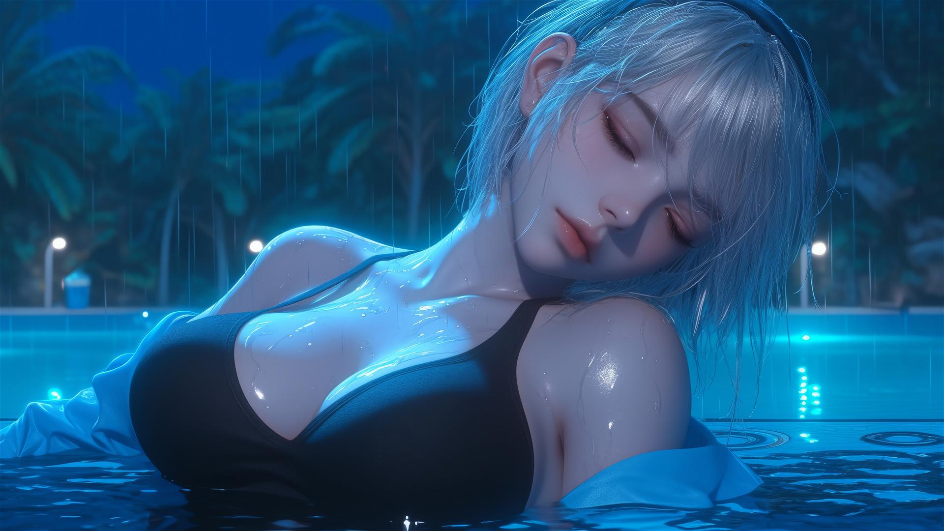 2B from Nier in casual attire sitting by a rainy pool under moonlight