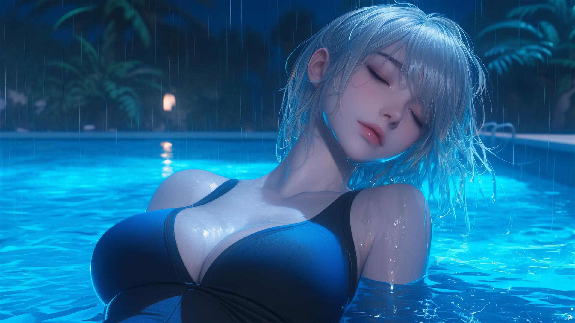 2B from Nier in casual attire, sitting relaxed by rainy swimming pool with moonlight