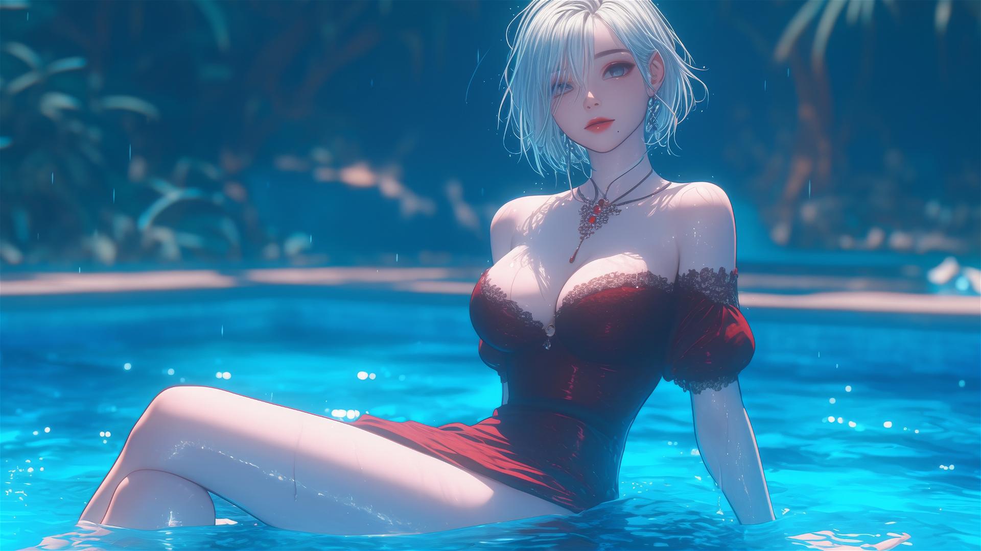 2B from Nier in pink, relaxing by a rainy pool under moonlight