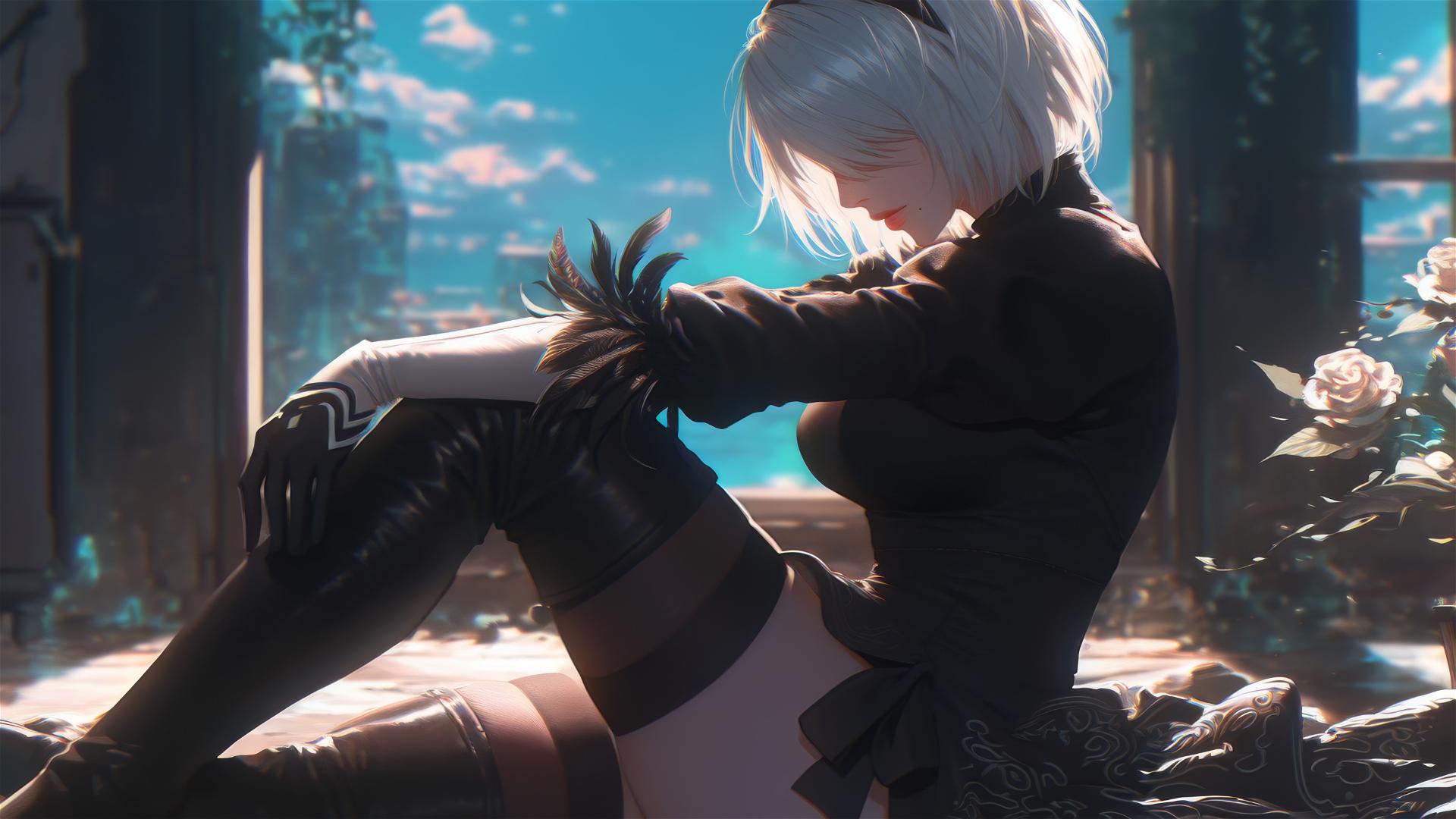 2B from Nier relaxing in a modern hotel room under moonlight