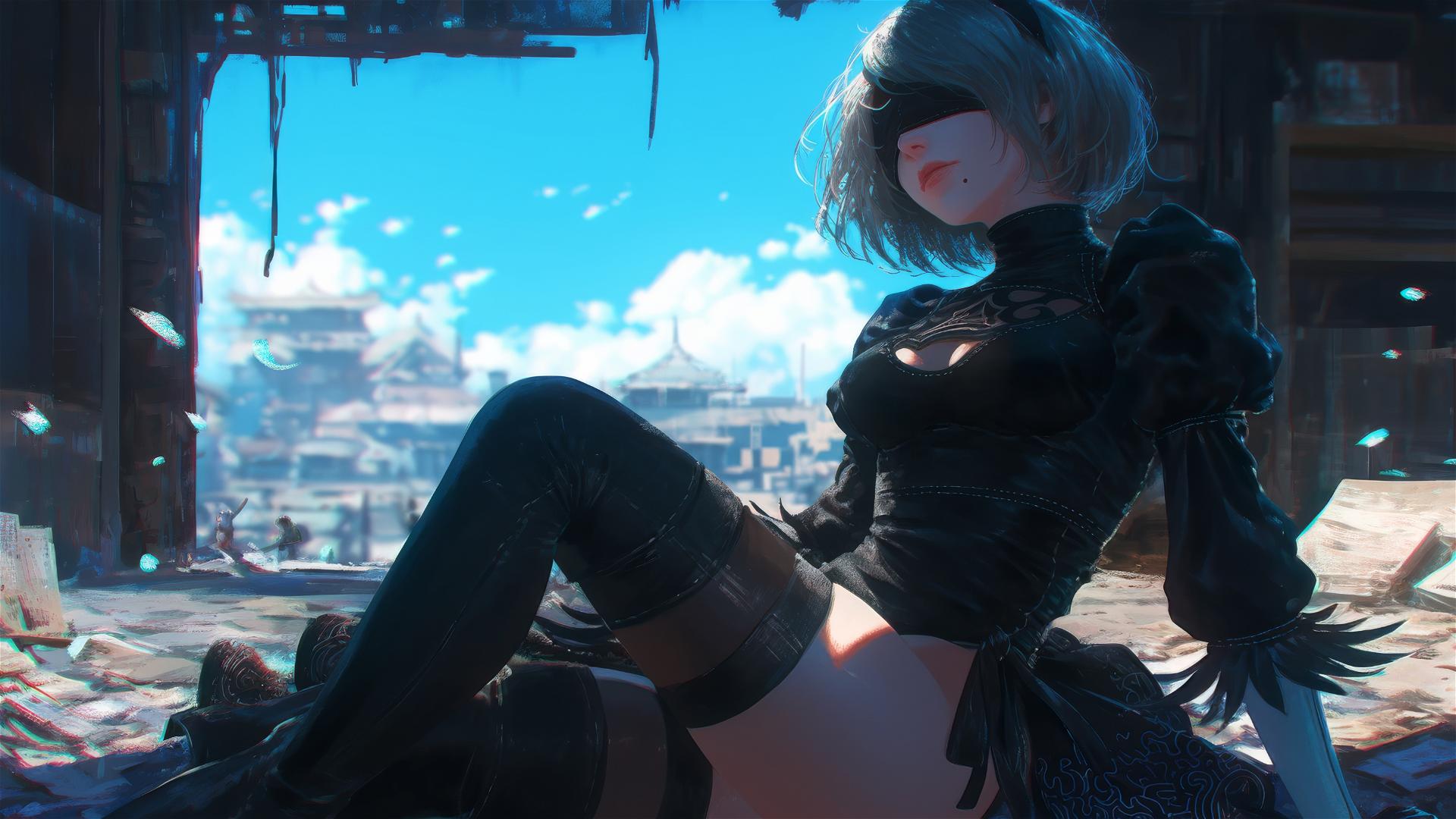 2B from Nier resting in a hotel room under moonlight