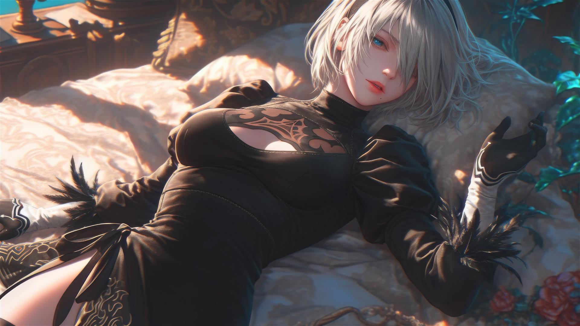 2B from Nier relaxing in bed, seen from high angle with short hair.