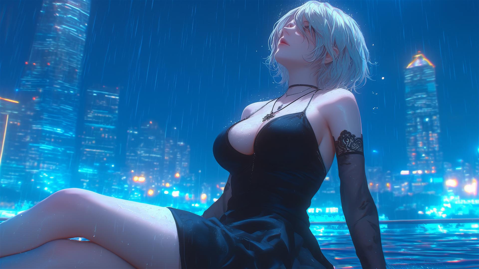 2B from Nier in casual attire sitting relaxed by a rainy swimming pool with moonlit short hair.