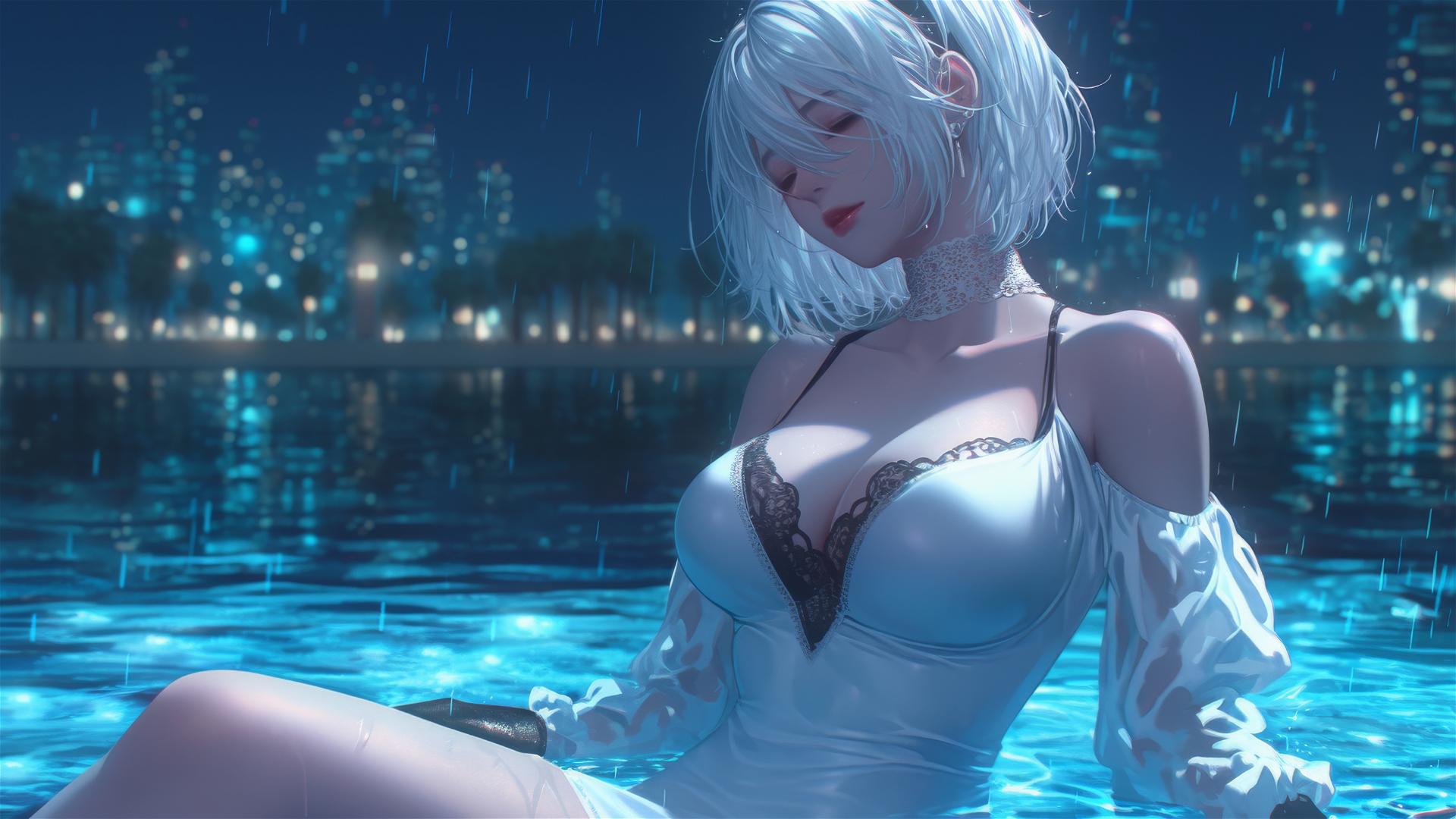 2B from Nier, in white outfit, sitting relaxed by a rainy pool, moonlight glowing.