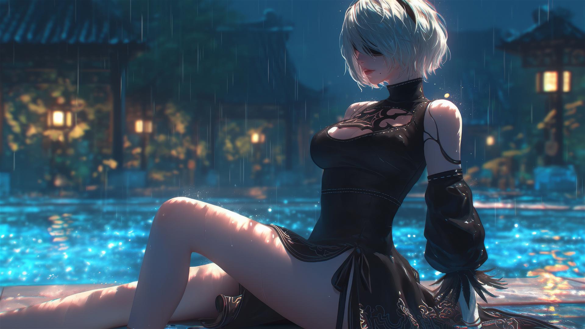 2B from Nier casually resting by a rainy pool under moonlight