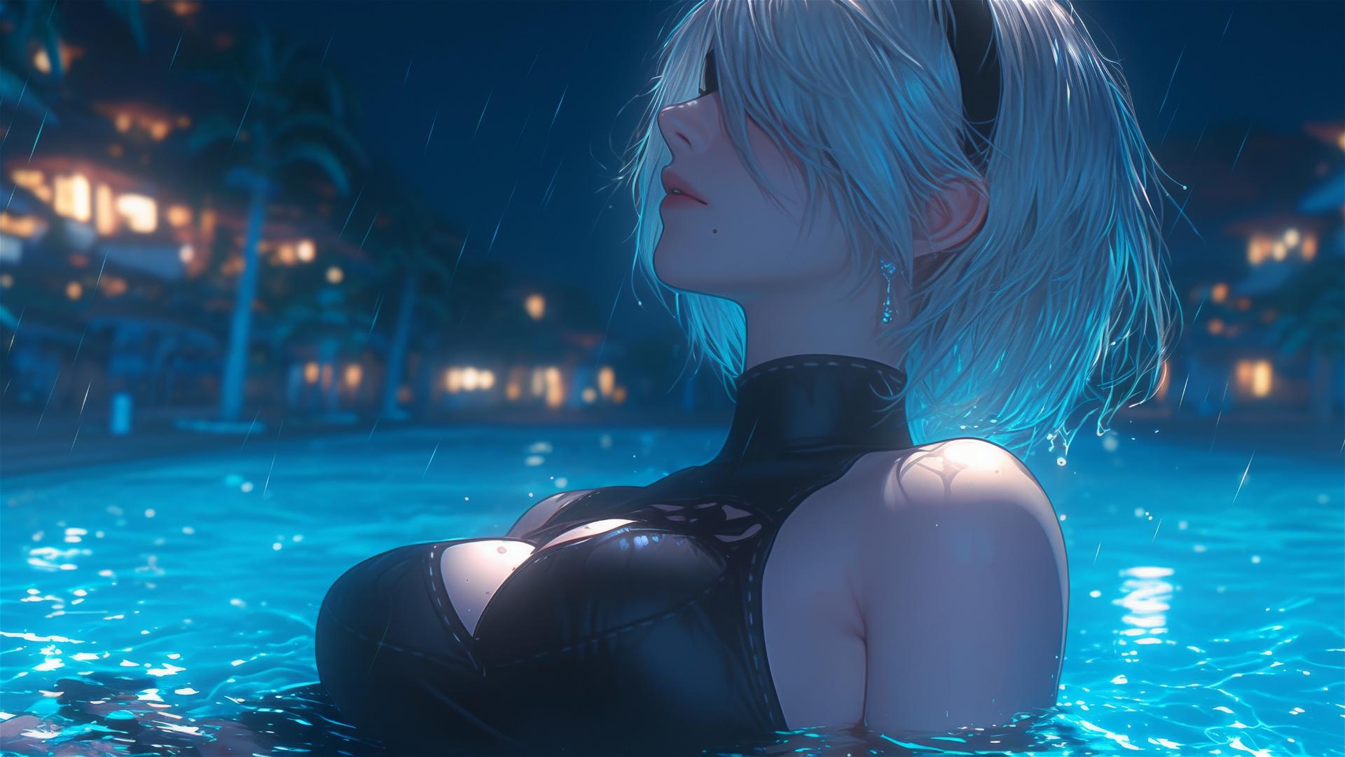 2B from Nier in casual attire sitting by a rainy pool with moonlight glow.