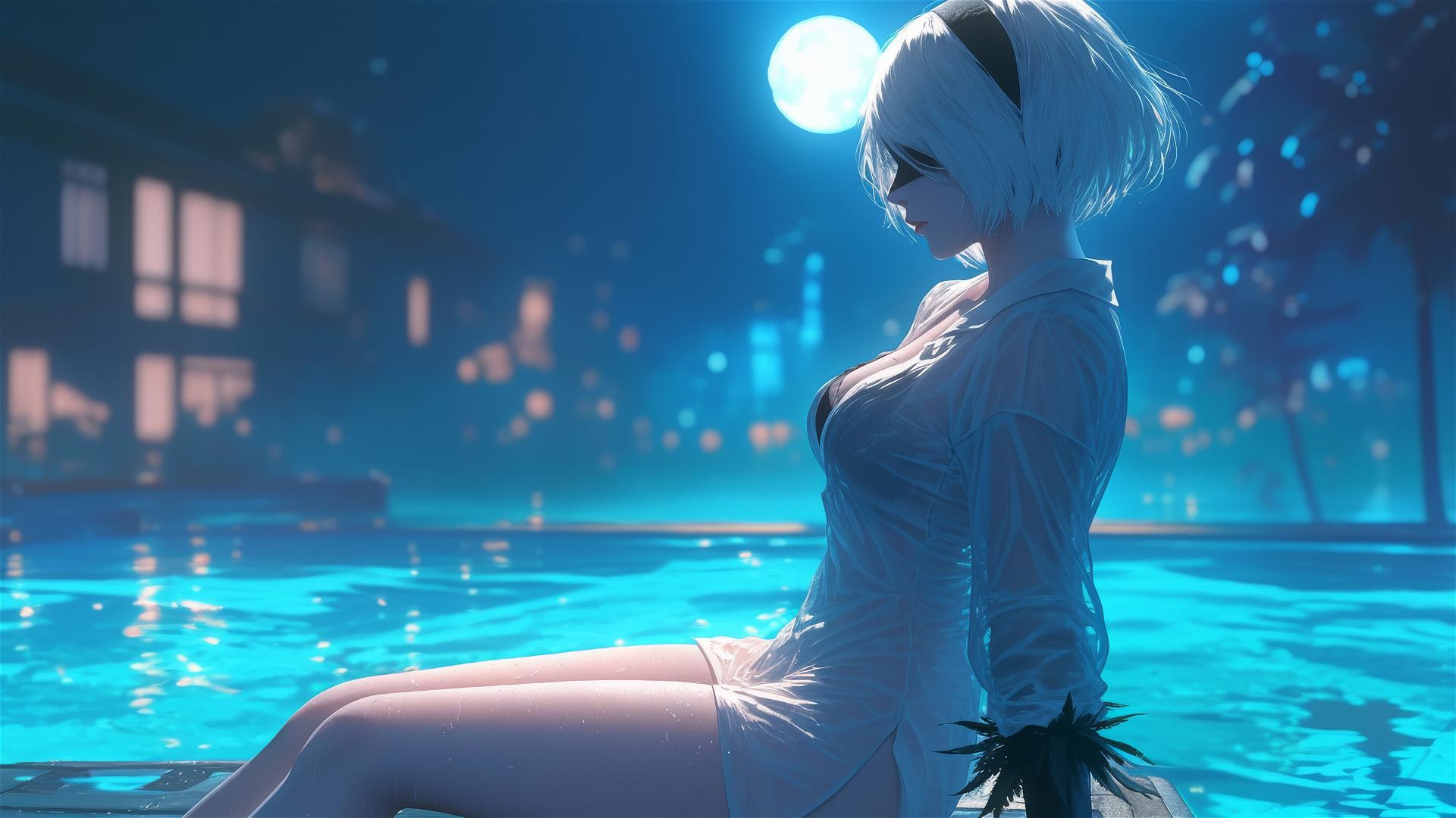 2B from Nier resting in white pajamas by a moonlit pool