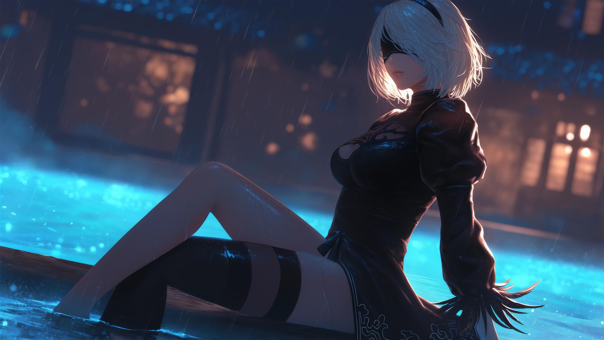 2B from Nier resting at a rainy pool under moonlight, with short hair